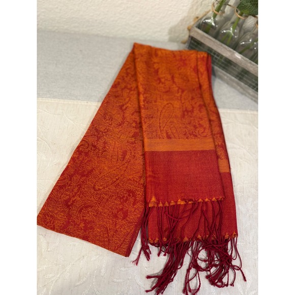 pashmina Accessories - Pashmina Cashmere Silk Paisley Scarf Shawl Wrap Orange Red Made in Italy 27x74
